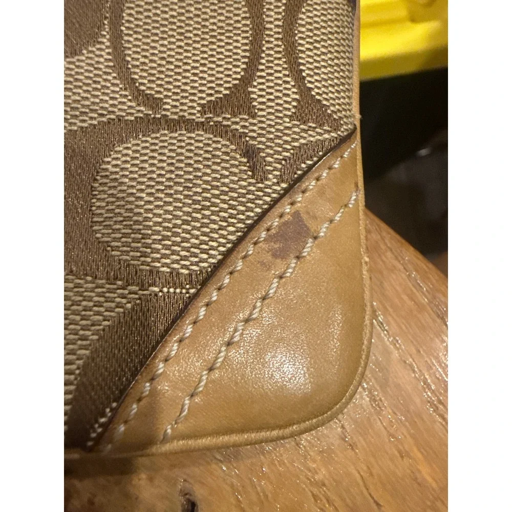 VTG Coach Signature Jacquard Wristlet Khaki Tan Leather Trim Monogram Small YKK